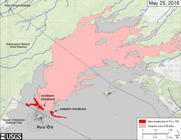 This map shows recent changes to Kīlauea’s active East Rift Zone lava flow field. The new breakouts from Puʻu ʻŌʻō that began on May 24 are shown in red, as mapped on May 25. The area of the original June 27th lava flow field is shown in pink, as last mapped in detail on May 9. Puʻu ʻŌʻō lava flows erupted prior to June 27, 2014, are shown in gray. Puʻu ʻŌʻō is at lower left. The blue lines show steepest-descent paths calculated from a 1983 digital elevation model (DEM; for calculation details, see http://pubs.usgs.gov/of/2007/1264/). Steepest-descent path analysis is based on the assumption that the DEM perfectly represents the earth's surface. DEMs, however, are not perfect, so the blue lines on this map can be used to infer only approximate flow paths. The base map is a partly transparent 1:24,000-scale USGS digital topographic map draped over a 1983 10-m digital elevation model (DEM).