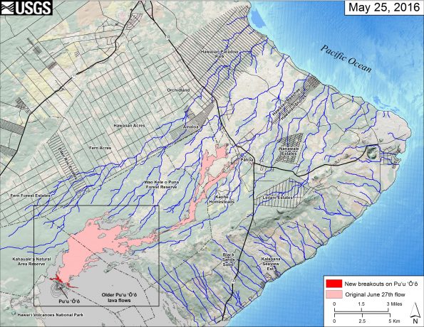 This small-scale map shows Kīlauea’s active East Rift Zone lava flow field in relation to the eastern part of the Island of Hawaiʻi. The new breakouts from Puʻu ʻŌʻō that began on May 24 are shown in red, as mapped on May 25. The area of the original June 27th lava flow field is shown in pink, as last mapped in detail on May 9. Puʻu ʻŌʻō lava flows erupted prior to June 27, 2014, are shown in gray. The black box shows the extent of the accompanying large scale map. The blue lines show steepest-descent paths calculated from a 1983 digital elevation model (DEM; for calculation details, see http://pubs.usgs.gov/of/2007/1264/). Steepest-descent path analysis is based on the assumption that the DEM perfectly represents the earth's surface. DEMs, however, are not perfect, so the blue lines on this map can be used to infer only approximate flow paths. The base map is a partly transparent regional land cover map from National Oceanic and Atmospheric Administration (NOAA) Office of Coastal Management draped over a 1983 10-m digital elevation model (DEM). The bathymetry is also from NOAA.
