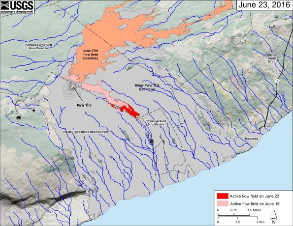 This small-scale map shows Kīlauea’s active East Rift Zone lava flow field in relation to the southeastern part of the Island of Hawaiʻi. The area of the active flow field on June 16 is shown in pink, while widening and advancement of the active flow field as mapped on June 23 is shown in red. The area covered by the inactive June 27th flow is shown in orange. The Puʻu ʻŌʻō lava flows erupted prior to June 27, 2014, are shown in gray. The blue lines over the Puʻu ʻŌʻō flow field are steepest-descent paths calculated from a 2013 digital elevation model (DEM), while the blue lines on the rest of the map are steepest-descent paths calculated from a 1983 DEM (for calculation details, see http://pubs.usgs.gov/of/2007/1264/). Steepest-descent path analysis is based on the assumption that the DEM perfectly represents the earth's surface. DEMs, however, are not perfect, so the blue lines on this map can be used to infer only approximate flow paths. The base map is a partly transparent 1:24,000-scale USGS digital topographic map draped over a 1983 10-m digital elevation model (DEM).