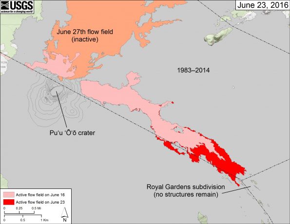 This map shows recent changes to Kīlauea’s active East Rift Zone lava flow field. The areas covered by the recent breakouts at Puʻu ʻŌʻō as of June 16 are shown in pink, while widening and advancement of the active flow as mapped on June 23 is shown in red. The area covered by the inactive June 27th flow is shown in orange. Puʻu ʻŌʻō lava flows erupted prior to June 27, 2014, are shown in gray.