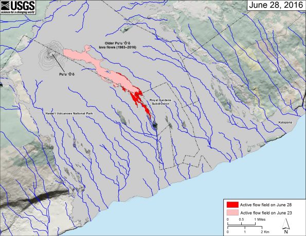 This small-scale map shows Kīlauea’s active East Rift Zone lava flow field in relation to the southeastern part of the Island of Hawaiʻi. The area of the active flow field on June 23 is shown in pink, while widening and advancement of the active flow field as mapped on June 28 is shown in red. Older Puʻu ʻŌʻō lava flows (1983–2016) are shown in gray. The blue lines over the Puʻu ʻŌʻō flow field are steepest-descent paths calculated from a 2013 digital elevation model (DEM), while the blue lines on the rest of the map are steepest-descent paths calculated from a 1983 DEM (for calculation details, see http://pubs.usgs.gov/of/2007/1264/). Steepest-descent path analysis is based on the assumption that the DEM perfectly represents the earth's surface. DEMs, however, are not perfect, so the blue lines on this map can be used to infer only approximate flow paths. The base map is a partly transparent 1:24,000-scale USGS digital topographic map draped over the 1983 10-m digital elevation model (DEM).