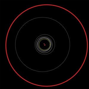The orbits of all previously known circumbinary planets are shown as gray circles. Kepler-1647b's much larger orbit is the red circle. (Credit: B. Quarles, University of Oklahoma)