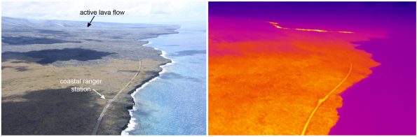 Aerial view of the Hawai'i Volcanoes National Park Coastal Ranger Station at the end of Chain of Craters Road with the active lava flow (61G) in the distance. Correlative thermal image highlighting the hot, active flow at the top portion of the photo (right). Photos taken Friday, July 15, 2016 courtesy of USGS/HVO