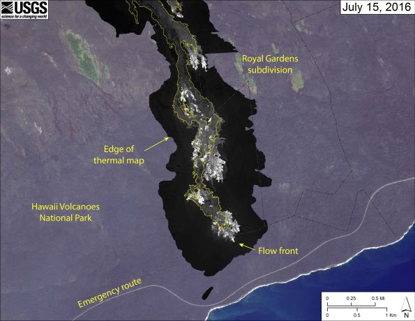 This map is a georeferenced thermal image mosaic showing the distribution of active and recently active breakouts on the Pūlama pali and coastal plain. The thermal images were collected during a helicopter overflight on July 15. The episode 61g flow field as mapped on July 8 is outlined in yellow to show how the flow has changed. Most surface flow activity is on the coastal plain, but breakouts also continue on pali. The leading tip of the active flow was 870 m (about half a mile) from the ocean.