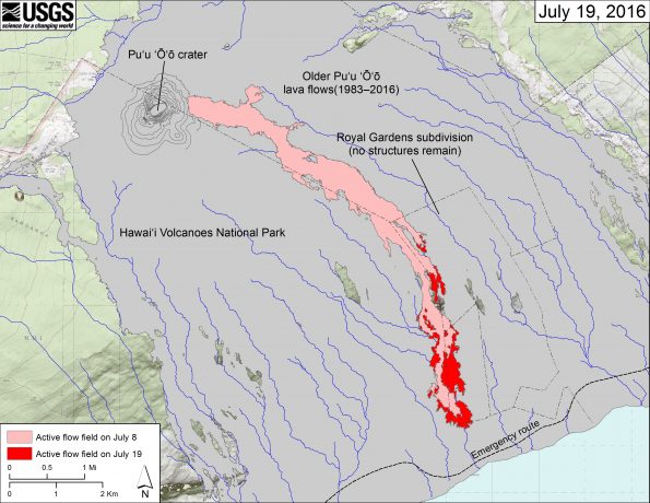 This map shows recent changes to Kīlauea’s East Rift Zone lava flow field. The area of the active flow field as of July 8 is shown in pink, while widening and advancement of the active flow as mapped on July 19 is shown in red. Older Puʻu ʻŌʻō lava flows (1983–2016) are shown in gray. The blue lines over the Puʻu ʻŌʻō flow field are steepest-descent paths calculated from a 2013 digital elevation model (DEM), while the blue lines on the rest of the map are steepest-descent paths calculated from a 1983 DEM (for calculation details, see http://pubs.usgs.gov/of/2007/1264/). Steepest-descent path analysis is based on the assumption that the DEM perfectly represents the earth's surface. DEMs, however, are not perfect, so the blue lines on this map can be used to infer only approximate flow paths. The base map is a partly transparent 1:24,000-scale USGS digital topographic map draped over the 1983 10-m digital elevation model (DEM).