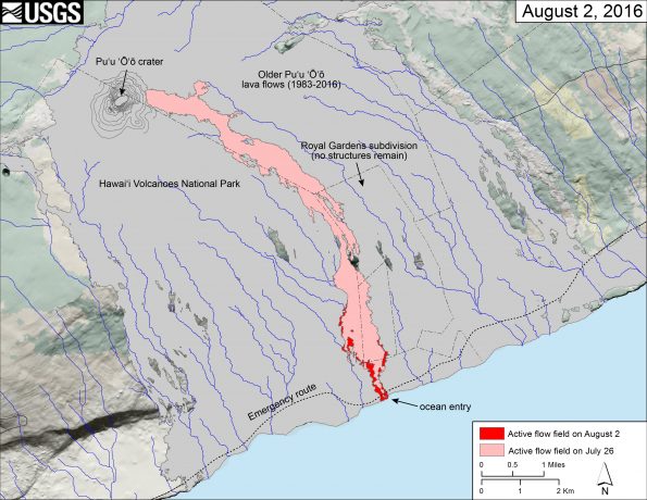 This image shows a thermal map of the flow on the coastal plain, created from airborne thermal images. White pixels are hot, and show areas of active surface breakouts. The background image is a satellite image collected before the current lava flow was active. The thermal map shows scattered pāhoehoe breakouts on the coastal plain, with a narrow lobe of lava crossing the gravel road and extending to the ocean. Over the past week the amount of surface activity near the base of the pali (top of map) has diminished, with most of the activity closer to the coastline.