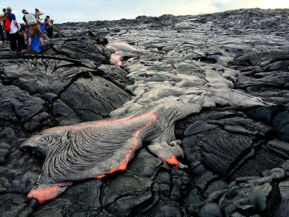 On Friday evening, breakouts from the east side of lava flow "61g" provided good viewing for visitors who walked in from the Kalapana viewing area. Photo taken Friday, August 12, 2016 courtesy of USGS/HVO