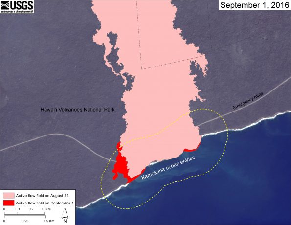 This map shows recent changes to Kīlauea’s East Rift Zone lava flow field at the coast. The area of the active flow field as of August 19 is shown in pink, while widening and advancement of the active flow as mapped on September 1 is shown in red. The base is a Digital Globe image from January 2016. Lava deltas – the new land accreted to the front of an older sea cliff – are prone to collapse because the loose underwater lava rubble on which they are built can sometimes become unstable and slide. The interaction of the hot rock composing the delta and cold seawater has led to violent explosions that blasted rocks in all directions, caused local tsunami, and produced billowing plumes of ash and hot, acidic steam. The dotted line surrounding the Kamokuna lava delta indicates a distance of 300 m (790 ft), which is the maximum documented distance that rocks and spatter have been thrown inland from the older sea cliff by delta explosions that occurred during the Puʻu ʻŌʻō eruption. It is possible that debris could be thrown even farther during exceptionally large explosions.