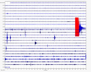 Seismic station recording at Mauna Loa summit with the earthquake event of Tuesday, September 6, 2016 on the right side.
