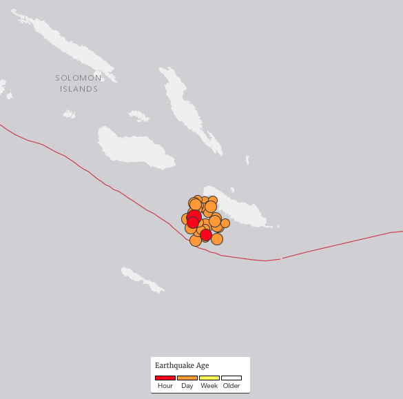 Numerous temblors greater than 5.0 magnitude continue to shake the Solomon Islands after a magnitude 7.8 quake struck Thursday and a 7.0 quake struck Friday (Dec 9). Map courtesy of USGS generated at 10 a.m. HST December 9, 2016.