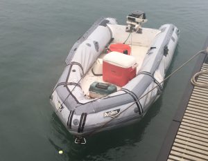 The Coast Guard received a report of an unmanned, adrift dinghy found offshore of the Big Island, five miles north of Kawaihae and the Kohala district, Dec. 4, 2016. The dinghy has evidence of recent use with two fishing rods, tackle box and fresh fish in the cooler aboard. (Courtesy photo/Released)