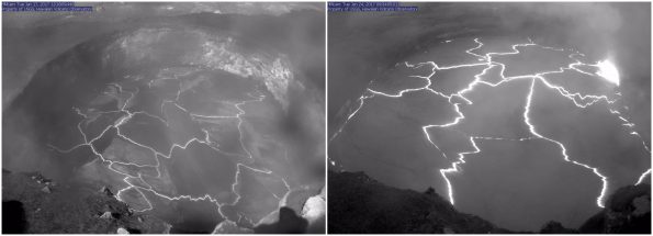 Kīlauea Volcano's summit lava lake level typically rises and falls in concert with summit inflation and deflation, as shown by these two HVO webcam images. The left image was captured a week ago (on Jan. 17, 2017), when the lava level was 52.5 m (172 ft) below the vent rim, the lowest level measured since April 8, 2016. The right image, captured this morning (Jan. 24, 2017), shows the lava lake level at 15 m (49 ft) below the vent rim. Unfortunately, gases emitted from the lava lake and poor weather conditions partially obscure the images. Photos courtesy of USGS/HVO