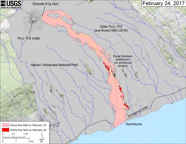 This map shows recent changes to Kīlauea's East Rift Zone lava flow field. The area of the active flow field as of February 16 is shown in pink, while widening and advancement of the active flow as of February 24 is shown in red. Older Puʻu ʻŌʻō lava flows (1983–2016) are shown in gray. The yellow line is the trace of the active lava tube (dashed where uncertain). The blue lines over the Puʻu ʻŌʻō flow field are steepest-descent paths calculated from a 2013 digital elevation model (DEM), while the blue lines on the rest of the map are steepest-descent paths calculated from a 1983 DEM (for calculation details, see http://pubs.usgs.gov/of/2007/1264/). Steepest-descent path analysis is based on the assumption that the DEM perfectly represents the earth's surface. DEMs, however, are not perfect, so the blue lines on this map can be used to infer only approximate flow paths. The base map is a partly transparent 1:24,000-scale USGS digital topographic map draped over the 1983 10-m digital elevation model (DEM).