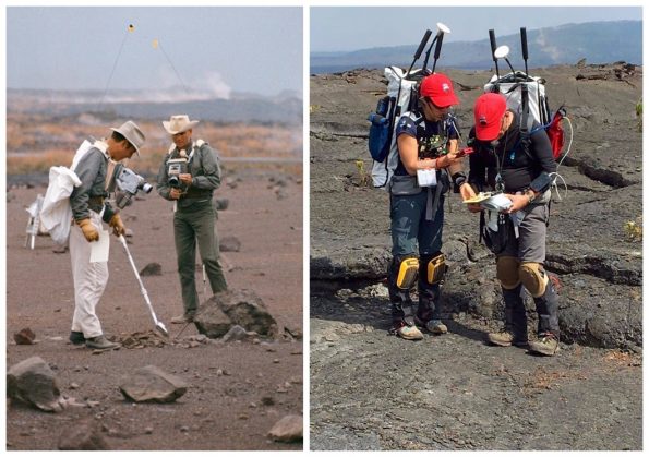 Left: Astronauts James A. Lovell, Jr., and Fred W. Haise, Jr., members of NASA’s third team of moon explorers, carried cameras, communications equipment, and an Apollo Lunar Hand Tools scoop during a simulation of a lunar traverse at Kīlauea Volcano in December 1969. Right: Astronauts from NASA’s BASALT field team explore Kīlauea’s Mauna Ulu lava flow field within Hawaiʻi Volcanoes National Park in September 2016. Their custom-made backpacks hold necessary electronics and communications systems, including portable GPS, handheld spectrometers, video cameras, and communication equipment, as well as the tool of every geologist: a rock hammer. Photos courtesy of NASA.