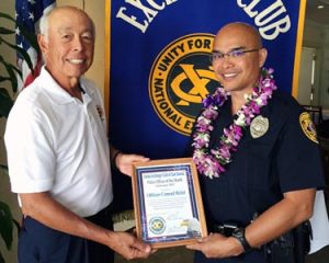 The Aloha Exchange Club of East Hawaiʻi recognized Puna Patrol Officer Conrad Bidal on Thursday (February 23) as the East Hawaiʻi “Officer of the Month” for February. Bidal, who has less than a year of service with the Police Department, was honored for what Sergeant William Derr described as his “extreme courage” while evacuating occupants of apartments above Luquin’s restaurant during a midnight fire that destroyed the structure.