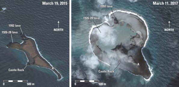 Bogoslof Island before the 2016-17 eruption (LEFT) and on March 11, 2017 (RIGHT) The island has tripled in size as ash and explosive debris have accumulated around the eruptive vent. USGS figure courtesy of the Alaska Volcano Observatory. Image data provided under Digital Globe NextView License.