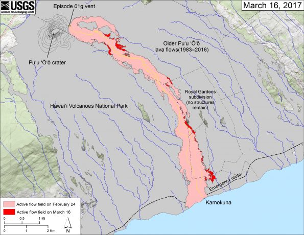 This map shows recent changes to Kīlauea’s East Rift Zone lava flow field. The area of the active flow field as of February 24 is shown in pink, while widening and advancement of the active flow as of March 16 is shown in red. Older Puʻu ʻŌʻō lava flows (1983–2016) are shown in gray. The yellow line is the trace of the active lava tube (dashed where uncertain). The blue lines over the Puʻu ʻŌʻō flow field are steepest-descent paths calculated from a 2013 digital elevation model (DEM), while the blue lines on the rest of the map are steepest-descent paths calculated from a 1983 DEM (for calculation details, see http://pubs.usgs.gov/of/2007/1264/). Steepest-descent path analysis is based on the assumption that the DEM perfectly represents the earth's surface. DEMs, however, are not perfect, so the blue lines on this map can be used to infer only approximate flow paths. The base map is a partly transparent 1:24,000-scale USGS digital topographic map draped over the 1983 10-m digital elevation model (DEM).