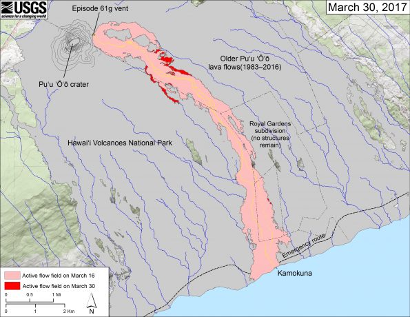 This map shows recent changes to Kīlauea’s East Rift Zone lava flow field. The area of the active flow field as of March 16 is shown in pink, while widening and advancement of the active flow as of March 30 is shown in red. Older Puʻu ʻŌʻō lava flows (1983–2016) are shown in gray. The yellow line is the trace of the active lava tube (dashed where uncertain). The blue lines over the Puʻu ʻŌʻō flow field are steepest-descent paths calculated from a 2013 digital elevation model (DEM), while the blue lines on the rest of the map are steepest-descent paths calculated from a 1983 DEM (for calculation details, see http://pubs.usgs.gov/of/2007/1264/). Steepest-descent path analysis is based on the assumption that the DEM perfectly represents the earth's surface. DEMs, however, are not perfect, so the blue lines on this map can be used to infer only approximate flow paths. The base map is a partly transparent 1:24,000-scale USGS digital topographic map draped over the 1983 10-m digital elevation model (DEM).