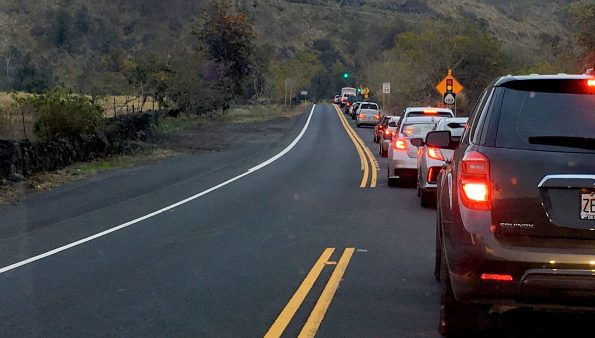 Mamalahoa Highway (Route 190) near Puuanahulu reduced to one lane of contraflow traffic during roadwork Thursday, March 30, 2017. Hawaii 24/7 File Photo