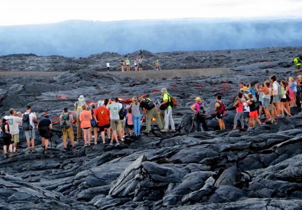 A wide range of clothing and preparedness is seen amongst the estimated 1,500 people a day visiting Kilauea's active flow field and ocean entry. Photo courtesy USGS/HVO.