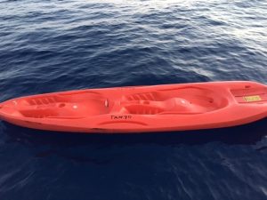 The Coast Guard is seeking the public’s help identifying the owner of an unmanned, red kayak found approximately one mile off Ellison Onizuka Kona International Airport at Keāhole, on the west side of Hawaii Island, Thursday, April 20, 2017. Photo courtesy USCG