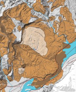 Portion of a landslide map of the western Columbia River Gorge centered on the previously known Cascade landslide complex. Gray areas are presumed stable terrain. Landslides presumed now to be inactive are shown in orange or brown (submerged parts). Active landslides are shown in buff color.