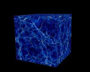 Volume rendering of the output from a supercomputer simulation showing part of the cosmic web, 11.5 billion years ago. This and other models of the universe were generated and directly compared with quasar pair data in order to measure the small-scale ripples in the cosmic web. The cube is 24 million light years on a side. CREDIT: J. Onorbe /MPIA