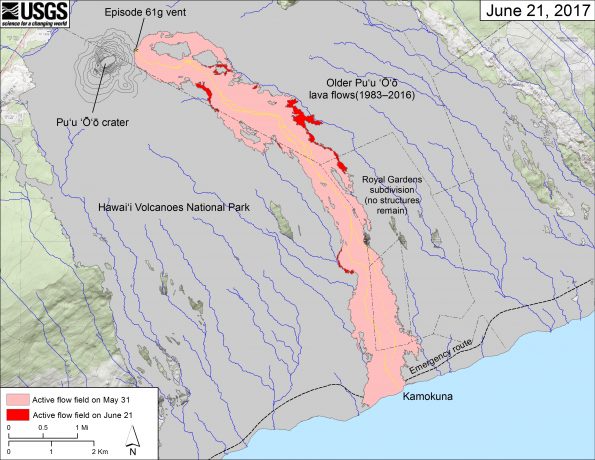 This map shows recent changes to Kīlauea's East Rift Zone lava flow field. The area of the active flow field as of May 31 is shown in pink, while widening and advancement of the active flow as of June 21 is shown in red. Older Pu‘u ‘Ō‘ō lava flows (1983–2016) are shown in gray. The yellow line is the trace of the active lava tube (dashed where uncertain). The blue lines over the Pu‘u ‘Ō‘ō flow field are steepest-descent paths calculated from a 2013 digital elevation model (DEM), while the blue lines on the rest of the map are steepest-descent paths calculated from a 1983 DEM (for calculation details, see http://pubs.usgs.gov/of/2007/1264/). Steepest-descent path analysis is based on the assumption that the DEM perfectly represents the earth's surface. DEMs, however, are not perfect, so the blue lines on this map can be used to infer only approximate flow paths. The base map is a partly transparent 1:24,000-scale USGS digital topographic map draped over the 1983 10-m digital elevation model (DEM).