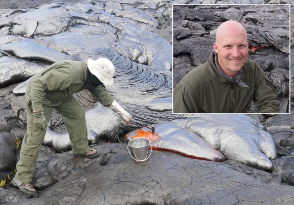 A masked Tim Orr, on his last day of field work as a USGS Hawaiian Volcano Observatory geologist, collected a sample from Kīlauea Volcano’s active lava flow on May 31, 2017. The face mask and heavy glove on his left hand provide protection from the intense radiant heat of molten lava. Orr (inset) has accepted a research geologist position at the Alaska Volcano Observatory in Anchorage and departs HVO this week. USGS photos.