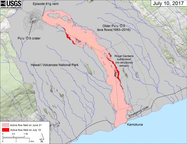 This map shows recent changes to Kīlauea's East Rift Zone lava flow field. The area of the active flow field as of June 21 is shown in pink, while widening and advancement of the active flow as of July 10 is shown in red. Older Pu‘u ‘Ō‘ō lava flows (1983–2016) are shown in gray. The yellow line is the trace of the active lava tube. The blue lines over the Pu‘u ‘Ō‘ō flow field are steepest-descent paths calculated from a 2013 digital elevation model (DEM), while the blue lines on the rest of the map are steepest-descent paths calculated from a 1983 DEM (for calculation details, see http://pubs.usgs.gov/of/2007/1264/). Steepest-descent path analysis is based on the assumption that the DEM perfectly represents the earth's surface. DEMs, however, are not perfect, so the blue lines on this map can be used to infer only approximate flow paths. The base map is a partly transparent 1:24,000-scale USGS digital topographic map draped over the 1983 10-m digital elevation model (DEM).