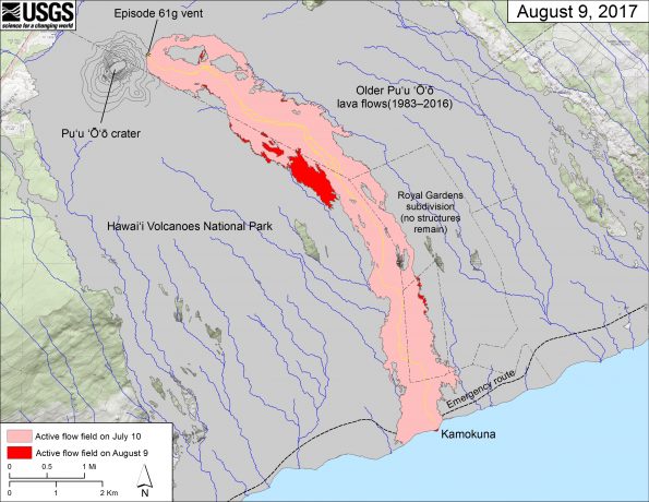 This map shows recent changes to Kīlauea's East Rift Zone lava flow field. The area of the active flow field as of July 10 is shown in pink, while widening and advancement of the active flow as of August 9 is shown in red. Older Pu‘u ‘Ō‘ō lava flows (1983–2016) are shown in gray. The yellow line is the trace of the active lava tube. The blue lines over the Pu‘u ‘Ō‘ō flow field are steepest-descent paths calculated from a 2013 digital elevation model (DEM), while the blue lines on the rest of the map are steepest-descent paths calculated from a 1983 DEM (for calculation details, see http://pubs.usgs.gov/of/2007/1264/). Steepest-descent path analysis is based on the assumption that the DEM perfectly represents the earth's surface. DEMs, however, are not perfect, so the blue lines on this map can be used to infer only approximate flow paths. The base map is a partly transparent 1:24,000-scale USGS digital topographic map draped over the 1983 10-m digital elevation model (DEM).