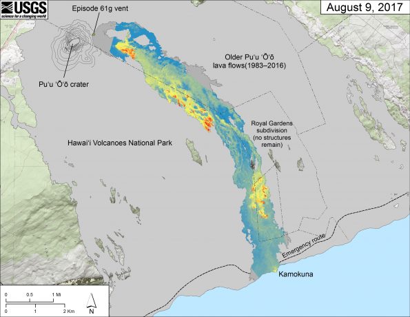 This map is similar to the map above but shows a thermal map over the Episode 61g lava flow. Cooler colors (blue and green) show cooled, inactive portions of the flow surface. Hot colors (red and orange) show areas of active surface breakouts. In some places, the trace of the subsurface lava tube can be seen due to the slightly higher temperatures on the surface (for instance, the tube is visible just upslope of the Kamokuna ocean entry). Areas of the Episode 61g flow not covered by the thermal map are shown as dark gray. The thermal map was constructed by stitching many overlapping oblique thermal images collected by a handheld thermal camera during a helicopter overflight of the flow field.