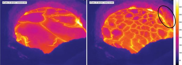 Side-by-side images from the Hawaiian Volcano Observatory’s Thermal Web Camera (HTcam) located on the rim of Halemaʻumaʻu before (left) and after (right) lava veneer from the vent wall fell into the lake on July 28, 2017. The collapse scar is circled at right. You can follow the changing lava lake activity, as seen through the eyes of a thermal camera, on HVO’s website at https://volcanoes.usgs.gov/vsc/captures/kilauea/htcam.jpg. USGS images.