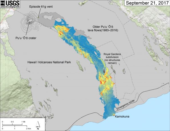 This map is similar to the map above but shows a thermal map over the Episode 61g lava flow. Cooler colors (blue and green) show cooled, inactive portions of the flow surface. Hot colors (red and orange) show areas of active surface breakouts. In some places, the trace of the subsurface lava tube can be seen due to the slightly higher temperatures on the surface (for instance, the tube is visible just upslope of the Kamokuna ocean entry). Areas of the Episode 61g flow not covered by the thermal map are shown as dark gray. The thermal map was constructed by stitching many overlapping oblique thermal images collected by a handheld thermal camera during a helicopter overflight of the flow field.