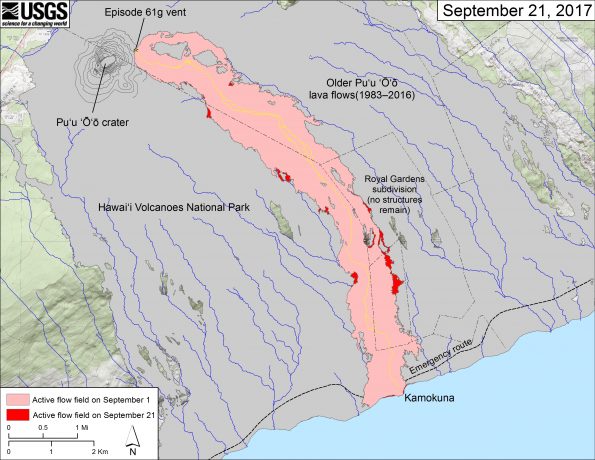 This map shows recent changes to Kīlauea's East Rift Zone lava flow field. The area of the active flow field as of September 1 is shown in pink, while widening and advancement of the active flow as of September 21 is shown in red. Older Pu‘u ‘Ō‘ō lava flows (1983–2016) are shown in gray. The yellow line is the trace of the active lava tube. The blue lines over the Pu‘u ‘Ō‘ō flow field are steepest-descent paths calculated from a 2013 digital elevation model (DEM), while the blue lines on the rest of the map are steepest-descent paths calculated from a 1983 DEM (for calculation details, see http://pubs.usgs.gov/of/2007/1264/). Steepest-descent path analysis is based on the assumption that the DEM perfectly represents the earth's surface. DEMs, however, are not perfect, so the blue lines on this map can be used to infer only approximate flow paths. The base map is a partly transparent 1:24,000-scale USGS digital topographic map draped over the 1983 10-m digital elevation model (DEM).