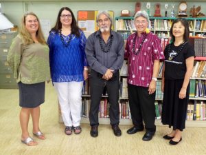 L to R: Rachelle Matsumura, principal of Honoka'a High & Intermediate; Assistant Superintendent Suzanne Mulcahy; Complex Area Superintendent Art Souza; John Gotanda, president of HPU; Carol Mon Lee. Photo courtesy of HPU