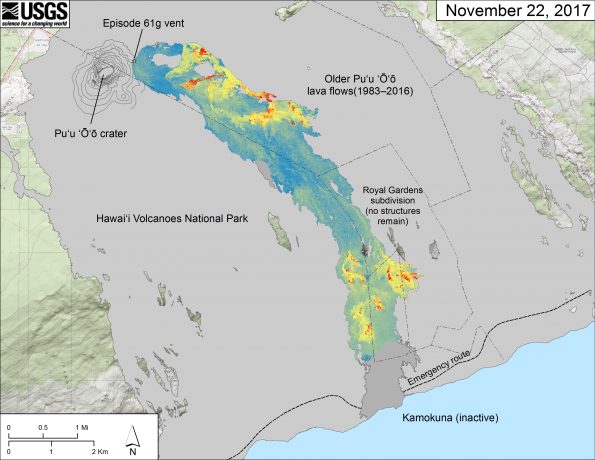 This map is similar to the map above but shows a thermal map over the Episode 61g lava flow. Cooler colors (blue and green) show cooled, inactive portions of the flow surface. Hot colors (red and orange) show areas of active surface breakouts. Areas of the Episode 61g flow not covered by the thermal map - because of clouds, rain, or incomplete image coverage - are shown as dark gray. The thermal map was constructed by stitching many overlapping oblique thermal images collected by a handheld thermal camera during a helicopter overflight of the flow field.