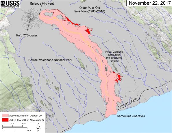 This map shows recent changes to Kīlauea's East Rift Zone lava flow field. The area of the active flow field as of October 29 is shown in pink, while widening and advancement of the active flow as of November 22 is shown in red. Older Pu‘u ‘Ō‘ō lava flows (1983–2016) are shown in gray. The yellow line is the trace of the active lava tube. The Kamokuna ocean entry was inactive today. The blue lines over the Pu‘u ‘Ō‘ō flow field are steepest-descent paths calculated from a 2013 digital elevation model (DEM), while the blue lines on the rest of the map are steepest-descent paths calculated from a 1983 DEM (for calculation details, see http://pubs.usgs.gov/of/2007/1264/). Steepest-descent path analysis is based on the assumption that the DEM perfectly represents the earth's surface. DEMs, however, are not perfect, so the blue lines on this map can be used to infer only approximate flow paths. The base map is a partly transparent 1:24,000-scale USGS digital topographic map draped over the 1983 10-m digital elevation model (DEM).
