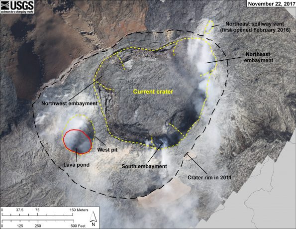 This map shows Pu‘u ‘Ō‘ō Crater on Kīlauea Volcano's East Rift Zone on November 22, with labels of the crater's main features. The black dashed line outlines where the crater rim was located in 2011. Yellow dashed lines show the current crater (center), west pit (left), and spillway vent (right). The lava pond (outlined in red) within the west pit, which formed in early 2015, was active on November 22.