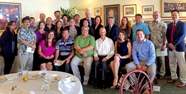 Hilo Self-Help Center volunteer attorneys were recognized for assisting more than 1,100 people in 2017, an increase of over 30 percent from 2016. Those recognized at the January 8 Hawaii County Bar Association (HCBA) meeting include, from the left: Michelle Oishi, Paul Hamano, Ryan Caday (obscured). First Row (seated): Sherry Tavares (HCBA Vice-President & President-Elect), Peter Kubota, William Heflin, Peter Steinberg, Jennifer Zelko, Christopher Schluter. Second row: Shaunda Liu, Alfred Lerma, Jo Anne Goya, Jackie Mena, Jill Hasegawa, Per Diem Judge Mahi Hiatt, Third Circuit Chief Judge Greg K. Nakamoto, Molly Ward, Lincoln Ashida, Per Diem Judge Bruce Larson, Jeffrey Ng (HCBA President). Third row: Ray Hasegawa, Per Diem Judge Robert Crudele, Andy Son, Zachary Wingert, Justin Lee, and Hawaii Supreme Court Chief Justice Mark E. Recktenwald.