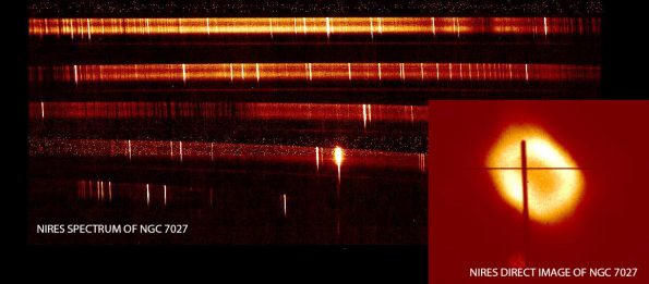 The “first-light” image from NIRES is of NGC 7027, a planetary nebula. The NIRES spectrum shows the near-IR spectrum of this nebula dominated by emission lines of hydrogen and helium. The direct image shows NBC 7027 in the K’ filters at 2.2 microns. IMAGE CREDIT: W. M. KECK OBSERVATORY
