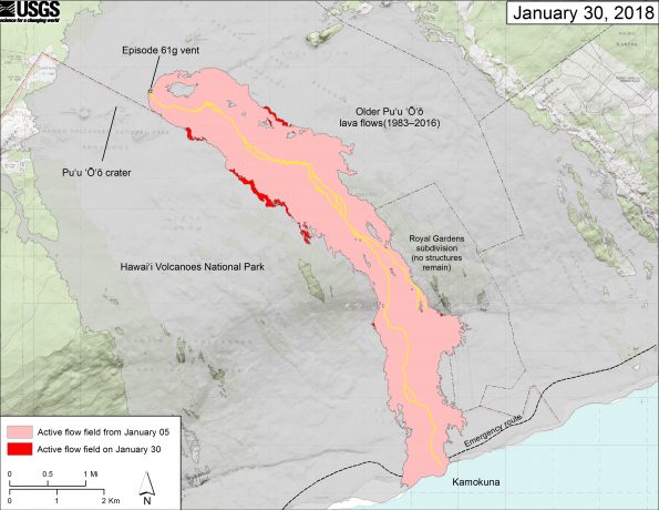 This map shows recent changes to Kīlauea's East Rift Zone lava flow field. The area of the active flow field as of January 05, 2018 is shown in pink, while widening and advancement of the active flow as of January 30, 2018 is shown in red. Older Puʻu ʻŌʻō lava flows (1983–2016) are shown in gray. The yellow line is the trace of the active lava tubes; based on the lack of activity in the lower reaches of the flow field, a portion of the main lava tube leading to the ocean may contain little or no moving lava, but it is still quite hot to the thermal camera. The Kamokuna ocean entry is inactive. The blue lines over the Puʻu ʻŌʻō flow field are steepest-descent paths calculated from a 2013 digital elevation model (DEM), while the blue lines on the rest of the map are steepest-descent paths calculated from a 1983 DEM (for calculation details, see http://pubs.usgs.gov/of/2007/1264/). Steepest-descent path analysis is based on the assumption that the DEM perfectly represents the earth's surface. DEMs, however, are not perfect, so the blue lines on this map can be used to infer only approximate flow paths. The base map is a partly transparent 1:24,000-scale USGS digital topographic map draped over the 1983 10-m digital elevation model (DEM). (see large map) (see large map)