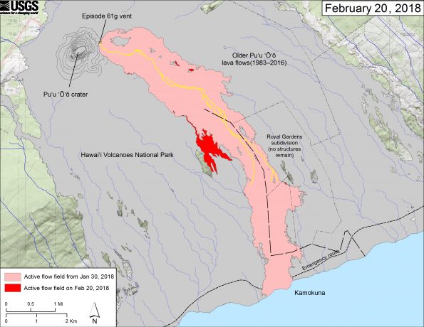 This map shows recent changes to Kīlauea's East Rift Zone lava flow field. The area of the active flow field as of January 30, 2018 is shown in pink, while widening and advancement of the active flow as of February 20, 2018 is shown in red. Older Puʻu ʻŌʻō lava flows (1983–2016) are shown in gray. The yellow line is the trace of the active lava tubes. The Kamokuna ocean entry is inactive. The blue lines over the Puʻu ʻŌʻō flow field are steepest-descent paths calculated from a 2013 digital elevation model (DEM), while the blue lines on the rest of the map are steepest-descent paths calculated from a 1983 DEM (for calculation details, see http://pubs.usgs.gov/of/2007/1264/). Steepest-descent path analysis is based on the assumption that the DEM perfectly represents the earth's surface. DEMs, however, are not perfect, so the blue lines on this map can be used to infer only approximate flow paths. The base map is a partly transparent 1:24,000-scale USGS digital topographic map draped over the 1983 10-m digital elevation model (DEM)