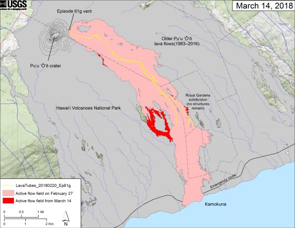 This map shows recent changes to Kīlauea's East Rift Zone lava flow field. The area of the active flow field as of February 27 is shown in pink, while widening and advancement of the active flow as of March 14 is shown in red. Older Puʻu ʻŌʻō lava flows (1983–2016) are shown in gray. The yellow line is the trace of the active lava tubes. The Kamokuna ocean entry is inactive. The blue lines over the Puʻu ʻŌʻō flow field are steepest-descent paths calculated from a 2013 digital elevation model (DEM), while the blue lines on the rest of the map are steepest-descent paths calculated from a 1983 DEM (for calculation details, see http://pubs.usgs.gov/of/2007/1264/). Steepest-descent path analysis is based on the assumption that the DEM perfectly represents the earth's surface. DEMs, however, are not perfect, so the blue lines on this map can be used to infer only approximate flow paths. The base map is a partly transparent 1:24,000-scale USGS digital topographic map draped over the 1983 10-m digital elevation model (DEM).