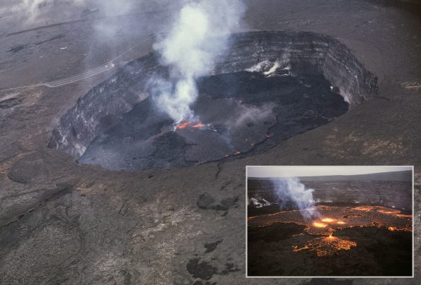 On November 5, 1967, a line of vigorous lava fountains erupted on the floor of Halemaʻumaʻu at the summit of Kīlauea. Lava soon covered the entire crater floor as volcanic gases billowed skyward (aerial view). Near the center, a pool of molten lava repeatedly overflowed a levee of crusted lava, spilling flows onto the lava-covered crater floor (inset). The 251-day-long eruption ended on July 13, 1968. USGS photos by W. Kinoshita (aerial) and R. Fiske (inset).