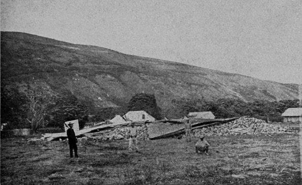 Destruction caused by the 1868 great Ka‘ū earthquake included the Wai‘ōhinu church, shown here, in the Ka‘ū District of Hawaiʻi Island. With a magnitude estimated at 7.9, the earthquake is the largest in Hawaii’s recorded history. Photo by Henry L. Chase, published in “Volcanoes of Kīlauea and Mauna Loa on the Island of Hawaiʻi” by W.T. Brigham, Bishop Museum Press, 1909.