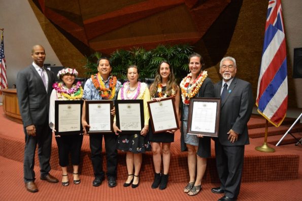 (From left) Education Committee Chair Justin H. Woodson, Vanessa Ching, Gregg Iha, Naomi Salaveria, Cristin Priolo, Amanda Fretto, Education Committee Vice Chair Sam Satoru Kong.