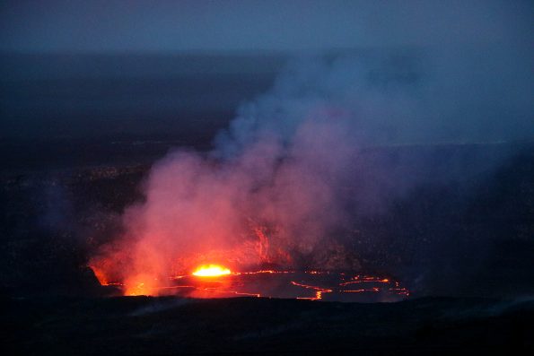 The slowly rising lava lake at Kīlauea's summit was very close to the rim of the Overlook crater, and floor of Halema‘uma‘u Crater. This afternoon the lava lake was roughly 6 m (20 feet) from the rim. This photo was taken from the Jaggar Museum overlook, which had superb views Saturday (April 21). Photo taken Saturday, April 21, 2018 courtesy of U.S. Geological Survey