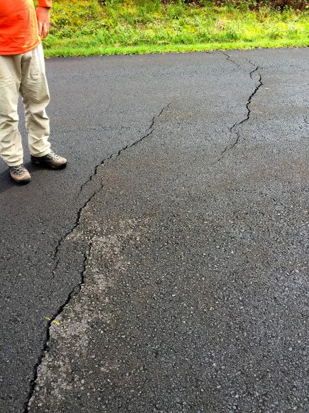 Puna residents reported to HVO geologists the recent appearance of ground cracks on a couple of roads in and around Leilani Estates. No steaming or heat were observed to originate from the cracks, and the cracks are currently still small (no more than several inches across). These cracks result from deformation of the ground surface due to the underlying intrusion of magma. Earthquake activity remains elevated in this area due to the ongoing intrusion. Photo taken Wednesday, May 2, 2018 courtesy of U.S. Geological Survey
