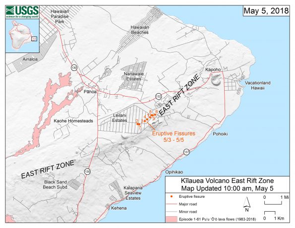 This map shows the locations, mapped by USGS-HVO scientists, of eruptive fissures in the order that they occurred in the Leilani Estates Subdivision as of 10 a.m. HST today (May 5). Eruption updates are posted on HVO's website at https://volcanoes.usgs.gov/volcanoes/kilauea/status.html -- or you can sign up to receive automatic update messages through the USGS Volcano Notification Service at http://volcanoes.usgs.gov/vns/